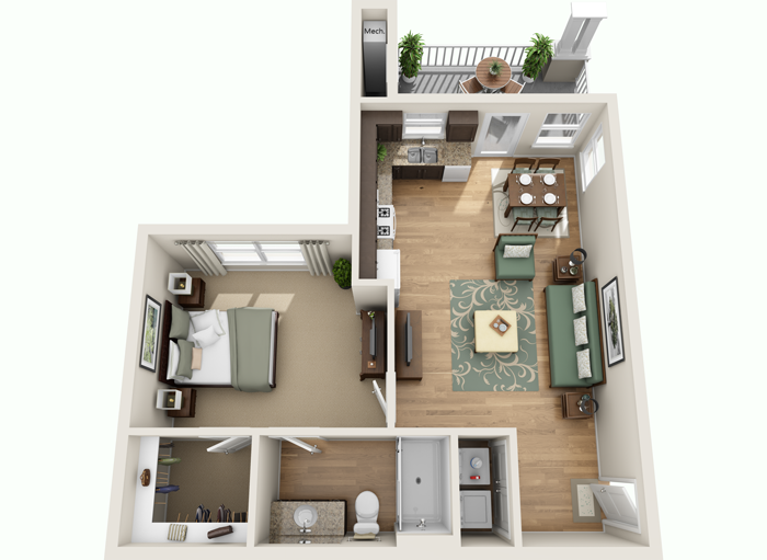 1 bedroom, 1 bath apartment layout