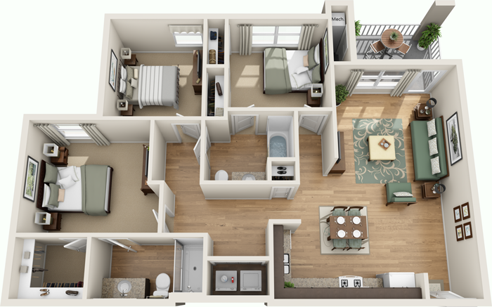 3 bedrom, 2 bath apartment layout