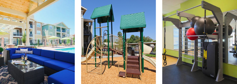 three photos of lounge area and pool and playground area, and workout room